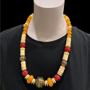1990 Avon Moroccan Necklace Warm Amber and Antiqued Gold Tone. Plastic Beads.